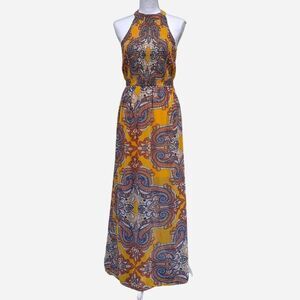 As U Wish Yellow Paisley Halter Smocked Boho Maxi Dress S